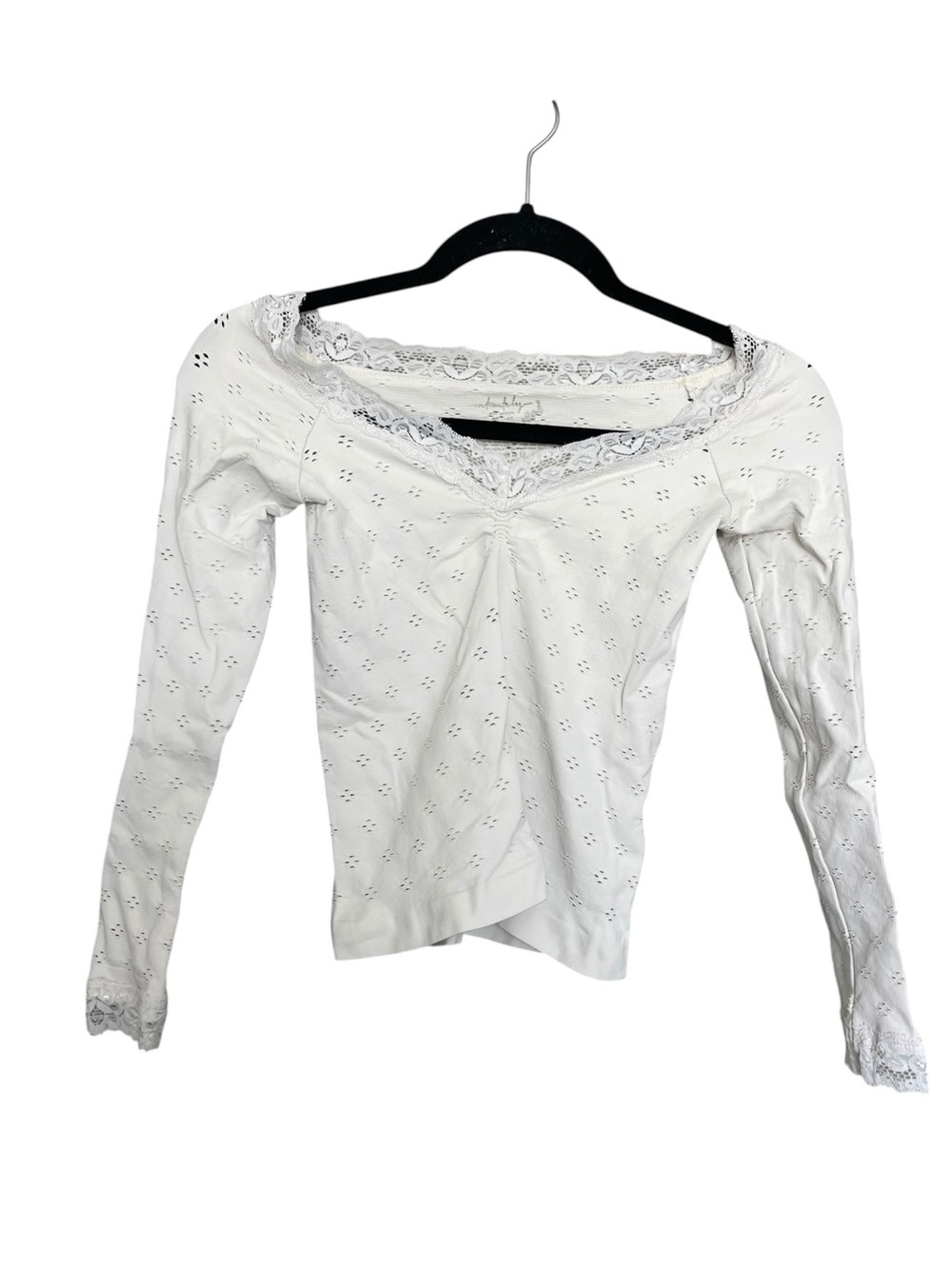 Free People White Lace-Trim Long Sleeve Tee